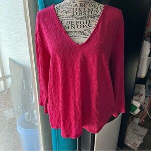 Lucky Brand Magenta Lace V Neck Blouse Preppy Barbie Casual 3/4 Sleeve Cotton XL